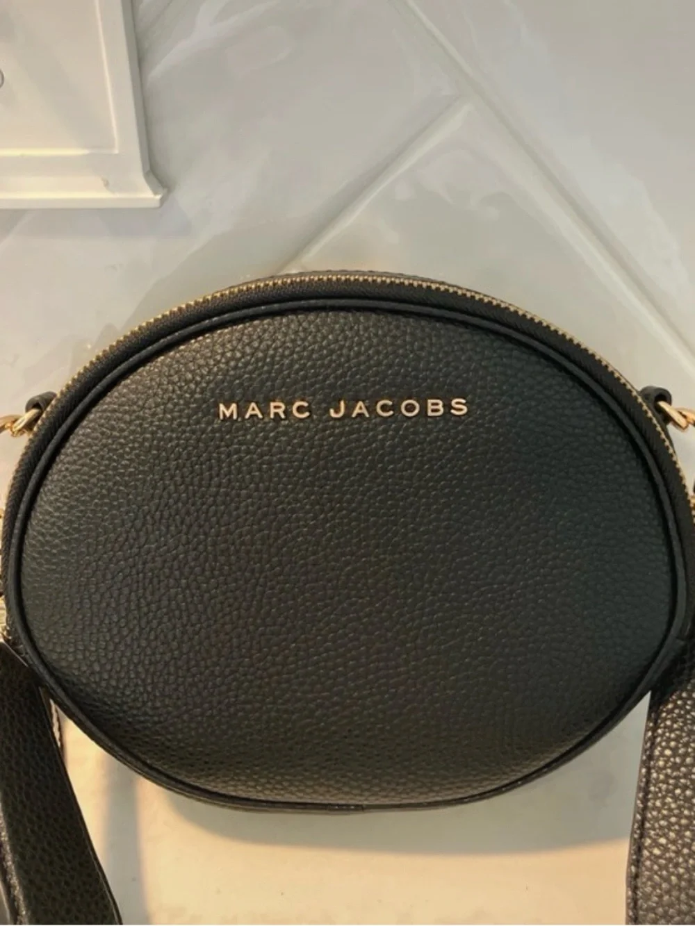 Marc Jacobs Black Pebbled Leather Oval Crossbody with Striped Strap - Picture 2 of 15